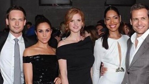 From left: Patrick J Adams, Meghan Markle, Gina Torres, Sarah Rafferty and Gabriel Macht at an event. (File Photo)