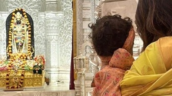 Priyanka, Nick, and Malti also visited Ram Janmabhoomi Temple in Ayodhya, Uttar Pradesh. She's seen praying in the temple with Malti. She shared the pictures with a caption that read, "Jai Siya Ram, Blessings for the little one and the family."(Instagram)