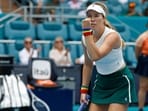 Danielle Collins (USA) reacts after winning against Caroline Garcia (FRA) (not pictured)