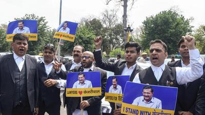 AAP's legal cell members protest in support of Delhi chief minister Arvind Kejriwal. (PTI)