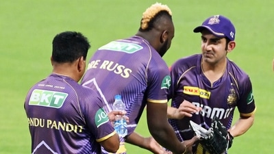 Kolkata Knight Riders Andre Russell with Chandrakant Pandit (L) and team mentor Gautam Gambhir (R) (Bibhash Lodh) Kolkata Knight Riders Andre Russell with Chandrakant Pandit (L) and team mentor Gautam Gambhir (R) (Bibhash Lodh)