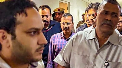Delhi chief minister and AAP Convenor Arvind Kejriwal at Delhi's Rouse Avenue Court in the excise policy-linked money laundering case. (PTI) Delhi chief minister and AAP Convenor Arvind Kejriwal at Delhi's Rouse Avenue Court in the excise policy-linked money laundering case. (PTI)