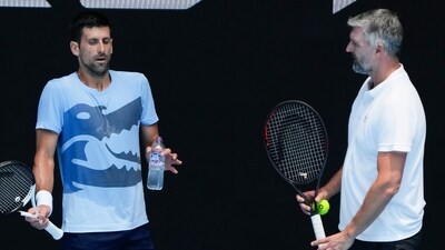 Novak Djokovic, left, gestures as talks with coach Goran Ivanisevic during a practice session ahead of the Australian Open (AP) Novak Djokovic, left, gestures as talks with coach Goran Ivanisevic during a practice session ahead of the Australian Open (AP)