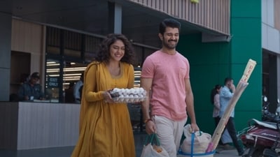 Mrunal Thakur and Vijay Deverakonda in a still from Family Star Mrunal Thakur and Vijay Deverakonda in a still from Family Star