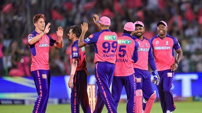 Jaipur: Rajasthan Royals bowler Nandre Burger with teammates celebrate the wicket of DC batter Mitchell Marsh during the Indian Premier League (IPL) 2024 T20 cricket match between Rajasthan Royals (RR) and Delhi Capitals (DC), at Sawai Mansingh Stadium in Jaipur, Thursday, March 28, 2024. (PTI Photo) (PTI03_28_2024_000278B) (PTI) Jaipur: Rajasthan Royals bowler Nandre Burger with teammates celebrate the wicket of DC batter Mitchell Marsh during the Indian Premier League (IPL) 2024 T20 cricket match between Rajasthan Royals (RR) and Delhi Capitals (DC), at Sawai Mansingh Stadium in Jaipur, Thursday, March 28, 2024. (PTI Photo) (PTI03_28_2024_000278B) (PTI)