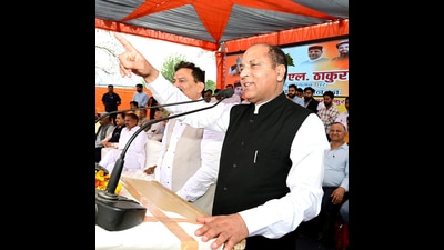 Leader of Opposition Jai Ram Thakur addresses the welcome ceremony of the BJP leader Krishan Lal Thakur in Nalagarh on Thursday. (ANI)