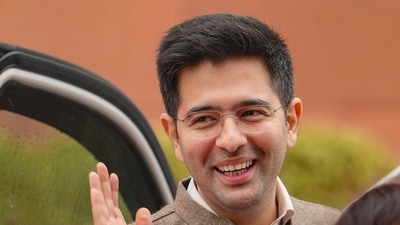 Raghav Chadha on Thursday shared a video of Kejriwal outside the courtroom congratulating Punjab CM Bhagwant Mann on becoming a father (PTI) Raghav Chadha on Thursday shared a video of Kejriwal outside the courtroom congratulating Punjab CM Bhagwant Mann on becoming a father (PTI)