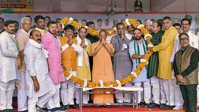 Uttar Pradesh chief minister Yogi Adityanath being garlanded during a Prabuddh Sammelan ahead of the upcoming Lok Sabha elections, in Muzaffarnagar on Thursday. (PTI PHOTO) Uttar Pradesh chief minister Yogi Adityanath being garlanded during a Prabuddh Sammelan ahead of the upcoming Lok Sabha elections, in Muzaffarnagar on Thursday. (PTI PHOTO)