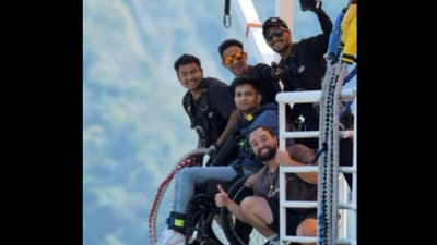 Snapshot of the wheelchair-bound man doing bungee jumping. (Instagram/@Rishikesh Adventure) Snapshot of the wheelchair-bound man doing bungee jumping. (Instagram/@Rishikesh Adventure)