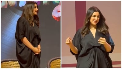 Parineeti Chopra at the trailer launch event on Thursday, which led to fresh pregnancy rumours about the actor. Parineeti Chopra at the trailer launch event on Thursday, which led to fresh pregnancy rumours about the actor.