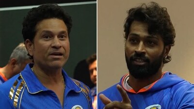 Sachin Tendulkar and Hardik Pandya delivered post-match speeches. (MI-Screengrab) Sachin Tendulkar and Hardik Pandya delivered post-match speeches. (MI-Screengrab)