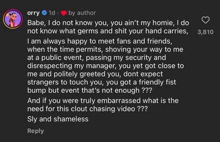 Snapshot of Orry's comment on the video. (Instagram) Snapshot of Orry's comment on the video. (Instagram)