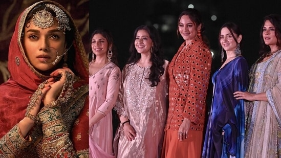 Aditi Rao Hydari was notably missing as Sharmin Segal, Manisha Koirala, Sonakshi Sinha, Sanjeeda Sheikh and Richa Chadha attended the promotion of their upcoming Sanjay Leela Bhansali series Heeramandi: The Diamond Bazaar in Mumbai. (Instagram/AFP)