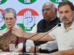 Congress President Mallikarjun Kharge and party leaders Sonia Gandhi and Rahul Gandhi brief the media, at AICC headquarters, in New Delhi.