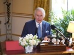 Britain's King Charles appears during the recording of his audio message for the Royal Maundy Service, which is to take place at Worcester Cathedral on Thursday, March 28, in the 18th Century Room at Buckingham Palace, in London, Britain. BBC/Sky/ITV News/Handout via REUTERS