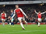 Arsenal's German midfielder #29 Kai Havertz celebrates scoring the team's second goal during the English Premier League football match between Arsenal and Brentford at the Emirates Stadium in London on March 9, 2024. (Photo by JUSTIN TALLIS / AFP)