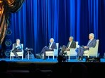 US President Joe Biden sitting alongside Barack Obama and Bill Clinton being interviewed by Stephen Colbert. US President Joe Biden sitting alongside Barack Obama and Bill Clinton being interviewed by Stephen Colbert.