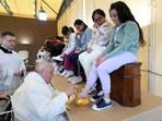 Pope Francis washes the feet of inmates of the female section of Rebibbia Prison during a Holy Thursday ritual,