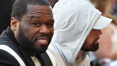 50 Cent, left, and Eminem attend a ceremony honoring Dr. Dre with a star on the Hollywood Walk of Fame on Tuesday, March 19, 2024, in Los Angeles. (Photo by Jordan Strauss/Invision/AP) (Jordan Strauss/Invision/AP)