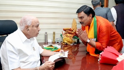 Bengaluru, Mar 25 (ANI): Karnataka Rajya Pragathi Paksha (KRPP) MLA, Gali Janardhana Reddy greets the BJP leader and former Karnataka CM BS Yediyurappa, as he joins the BJP, at the BJP office Jagannath Bhavan in Bengaluru on Monday. (ANI Photo) (Arun Kumar Rao) Bengaluru, Mar 25 (ANI): Karnataka Rajya Pragathi Paksha (KRPP) MLA, Gali Janardhana Reddy greets the BJP leader and former Karnataka CM BS Yediyurappa, as he joins the BJP, at the BJP office Jagannath Bhavan in Bengaluru on Monday. (ANI Photo) (Arun Kumar Rao)