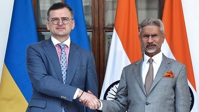 External Affairs Minister S Jaishankar meets with Ukrainian Foreign Minister Dmytro Kuleba, at the Hyderabad House, in New Delhi on Friday. (Dr. S. Jaishankar-X) External Affairs Minister S Jaishankar meets with Ukrainian Foreign Minister Dmytro Kuleba, at the Hyderabad House, in New Delhi on Friday. (Dr. S. Jaishankar-X)