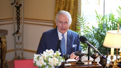 Britain's King Charles appears during the recording of his audio message for the Royal Maundy Service, which is to take place at Worcester Cathedral on Thursday, March 28, in the 18th Century Room at Buckingham Palace, in London, Britain. BBC/Sky/ITV News/Handout via REUTERS (via REUTERS)