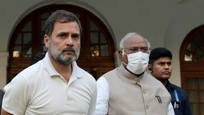 Congress President Mallikarjun Kharge with party leader Rahul Gandhi. (ANI) Congress President Mallikarjun Kharge with party leader Rahul Gandhi. (ANI)