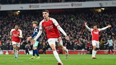 Arsenal's German midfielder #29 Kai Havertz celebrates scoring the team's second goal during the English Premier League football match between Arsenal and Brentford at the Emirates Stadium in London on March 9, 2024. (Photo by JUSTIN TALLIS / AFP) (AFP) Arsenal's German midfielder #29 Kai Havertz celebrates scoring the team's second goal during the English Premier League football match between Arsenal and Brentford at the Emirates Stadium in London on March 9, 2024. (Photo by JUSTIN TALLIS / AFP) (AFP)
