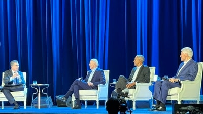 US President Joe Biden sitting alongside Barack Obama and Bill Clinton being interviewed by Stephen Colbert. US President Joe Biden sitting alongside Barack Obama and Bill Clinton being interviewed by Stephen Colbert.