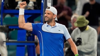 Grigor Dimitrov of Bulgaria celebrates after defeating Carlos Alcaraz of Spain during the Miami Open tennis tournament (AP) Grigor Dimitrov of Bulgaria celebrates after defeating Carlos Alcaraz of Spain during the Miami Open tennis tournament (AP)