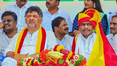 Karnataka Deputy Chief Minister DK Shivakumar with Congress candidate from Bengaluru Rural constituency DK Suresh. (PTI) Karnataka Deputy Chief Minister DK Shivakumar with Congress candidate from Bengaluru Rural constituency DK Suresh. (PTI)