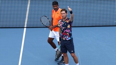 Rohan Bopanna of India and Matthew Ebden of Australia celebrate their win against Marcel Granollers of Spain and Horacio Zeballos of Argentina. (Getty Images via AFP) Rohan Bopanna of India and Matthew Ebden of Australia celebrate their win against Marcel Granollers of Spain and Horacio Zeballos of Argentina. (Getty Images via AFP)