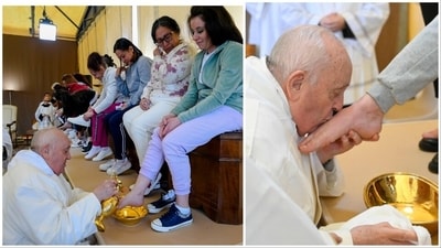 Pope Francis washed and kissed the feet of 12 women inmates at a Rome prison during a Holy Thursday ritual meant to emphasize his vocation of service and humility. (REUTERS) Pope Francis washed and kissed the feet of 12 women inmates at a Rome prison during a Holy Thursday ritual meant to emphasize his vocation of service and humility. (REUTERS)