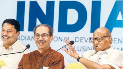 Mumbai, India - August 30, 2023: NCP supremo Sharad Pawar, Shiv Sena (UBT) chief Uddhav Thackeray and Maharashtra Congress President Nana Patole at a press conference, in Mumbai, India, on Wednesday, August 30, 2023. (Photo by Satish Bate/ Hindustan Times) (Hindustan Times)