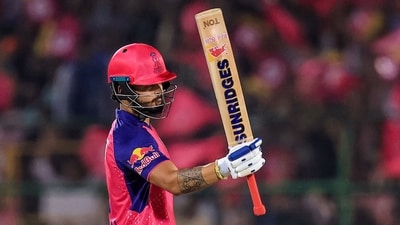 Rajasthan Royals batter Riyan Parag celebrates his half century. (PTI) Rajasthan Royals batter Riyan Parag celebrates his half century. (PTI)
