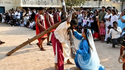 Christian devotees during a play on crucifixion of Jesus Christ on the occasion of Good Friday at St. Joseph Church in Hyderabad. (PTI) Christian devotees during a play on crucifixion of Jesus Christ on the occasion of Good Friday at St. Joseph Church in Hyderabad. (PTI)
