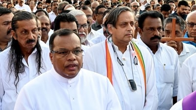 Congress MP Shashi Tharoor participates in a Good Friday procession in Thiruvananthapuram on Friday. (PTI) Congress MP Shashi Tharoor participates in a Good Friday procession in Thiruvananthapuram on Friday. (PTI)