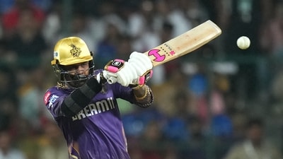 Narine followed suit. After smashing Joseph for two sixes in the third over, the left-hander vandalised the figures of left-arm pacer Dayal, clobbering him for 21 runs, including a four and two sixes in three consecutive balls in the sixth over. (PTI) Narine followed suit. After smashing Joseph for two sixes in the third over, the left-hander vandalised the figures of left-arm pacer Dayal, clobbering him for 21 runs, including a four and two sixes in three consecutive balls in the sixth over. (PTI)