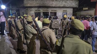 Police deployment at the residence of Mukhtar Ansari in Uttar Pradesh's Ghazipur. (PTI) Police deployment at the residence of Mukhtar Ansari in Uttar Pradesh's Ghazipur. (PTI)