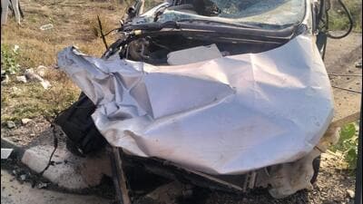Police said that prima facie, it appears that the driver lost control of the vehicle after one of its tyres burst. (HT Photo) Police said that prima facie, it appears that the driver lost control of the vehicle after one of its tyres burst. (HT Photo)