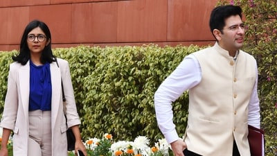 Raghav Chadha is in the UK and Swati Maliwal in the US leaving Kejriwal's 'sinking ship', the BJP alleged. (Rahul Singh) Raghav Chadha is in the UK and Swati Maliwal in the US leaving Kejriwal's 'sinking ship', the BJP alleged. (Rahul Singh)