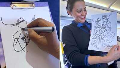 The image shows an IndiGo flight attendant holding a sketch that an artist created from her signature. (Instagram/@speedpainter_rabinbar) The image shows an IndiGo flight attendant holding a sketch that an artist created from her signature. (Instagram/@speedpainter_rabinbar)