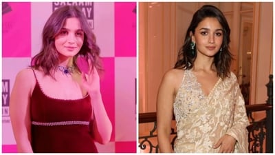 Alia stunned in two looks for the night. The first was a red velvet dress that she paired with a sapphire and diamonds necklace. The second was a white-beige saree that she paired with emrald earrings. Alia stunned in two looks for the night. The first was a red velvet dress that she paired with a sapphire and diamonds necklace. The second was a white-beige saree that she paired with emrald earrings.