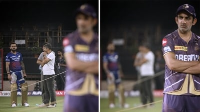 Virat Kohli (L) looks in direction of Gautam Gambhir during practice session (X/KKRiders) Virat Kohli (L) looks in direction of Gautam Gambhir during practice session (X/KKRiders)
