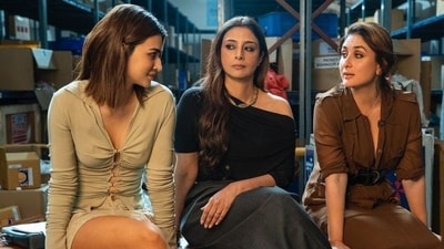 Kriti Sanon with Kareena Kapoor and Tabu in a still from Crew. Kriti Sanon with Kareena Kapoor and Tabu in a still from Crew.
