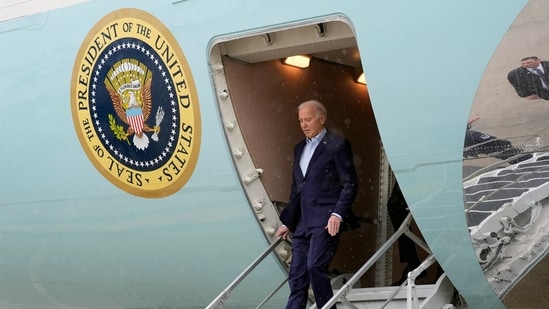 President Joe Biden exits Air Force One at John F. Kennedy International Airport, Thursday, March 28, 2024, in New York. (AP Photo/Alex Brandon) (AP)