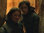 Zendaya and Timothee Chalamet in a still from Dune Part Two. Zendaya and Timothee Chalamet in a still from Dune Part Two.