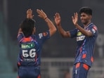 Lucknow Super Giants' Mayank Yadav, right, celebrates the dismissal of Punjab Kings' Jitesh Sharma during the Indian Premier League cricket match between Lucknow Super Giants and Punjab Kings Lucknow Super Giants' Mayank Yadav, right, celebrates the dismissal of Punjab Kings' Jitesh Sharma during the Indian Premier League cricket match between Lucknow Super Giants and Punjab Kings