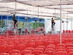 Preparations underway at Ramlila Maidan in New Delhi on Saturday. (Vipin Kumar/HT Photo) Preparations underway at Ramlila Maidan in New Delhi on Saturday. (Vipin Kumar/HT Photo)