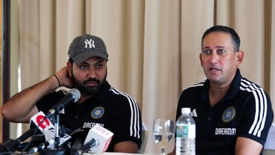 Indian cricket team captain Rohit Sharma and BCCI chief selector Ajit Agarkar address a press conference (ANI )